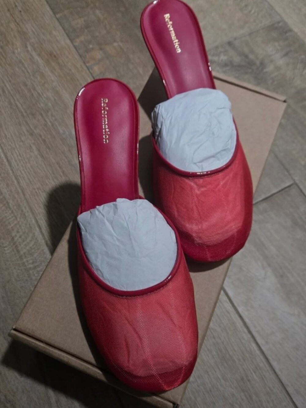 Reformation Red Satin Mule Kitten Heels - Picture 2 of 6